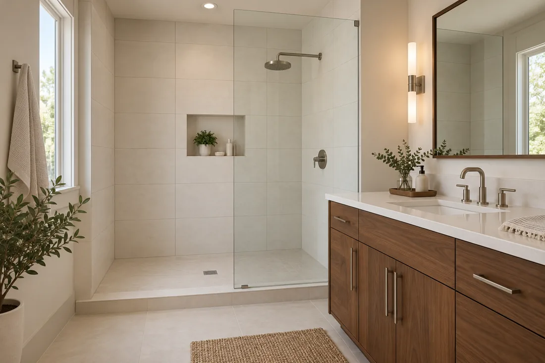 Modern bathroom with aligned shower tile and walnut vanity