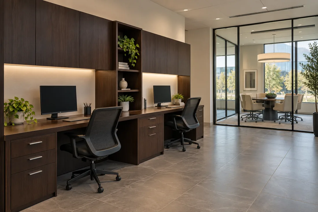 Small professional office workspace with modern dark wood finishes
