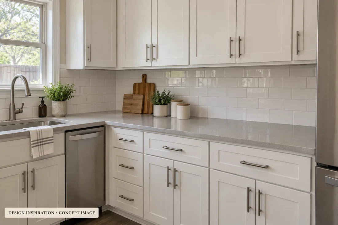 Kitchen cabinets with a simple countertop and tiled backsplash