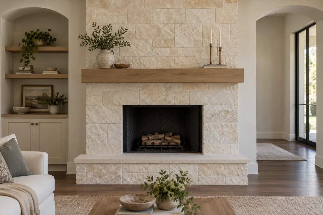A limestone fireplace surround with a simple wood mantel