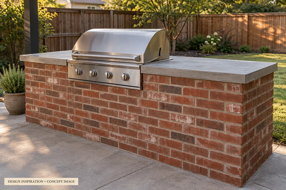 A brick outdoor grill island with a stainless steel grill and simple countertop