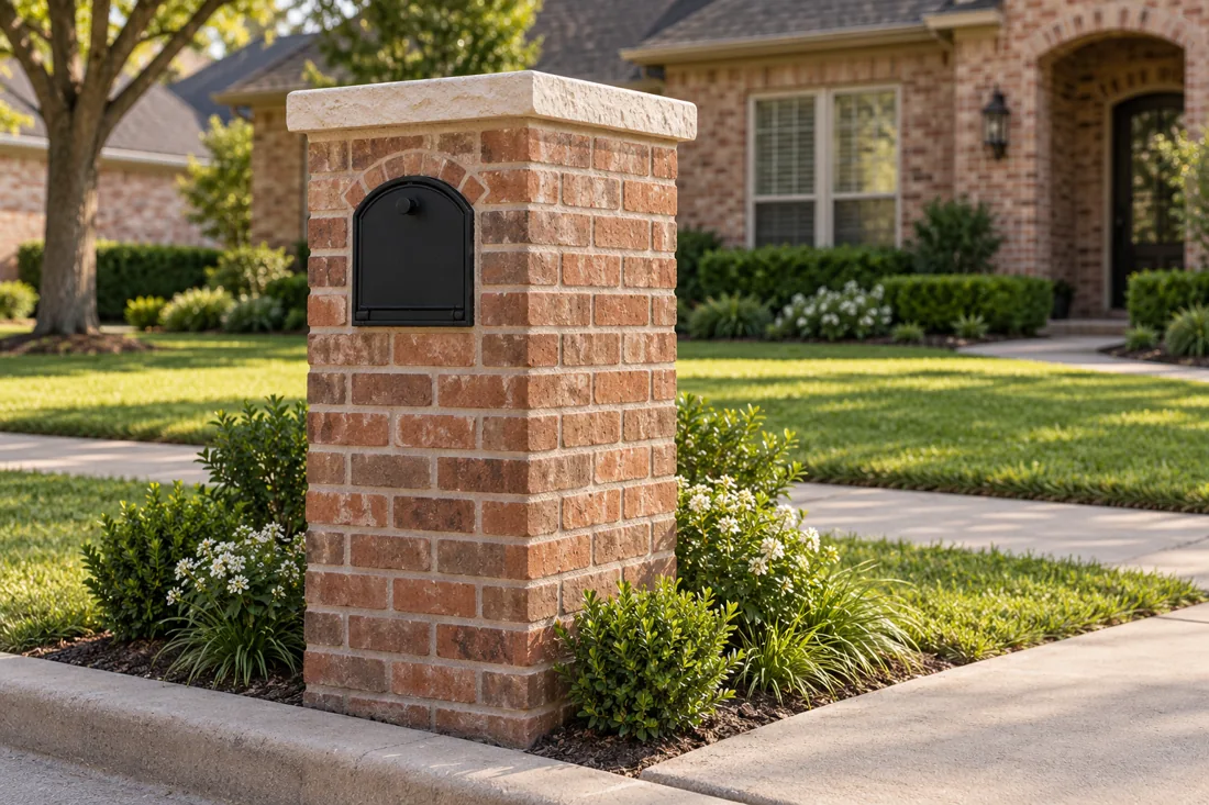 A brick mailbox pedestal with a limestone cap and inset black mailbox