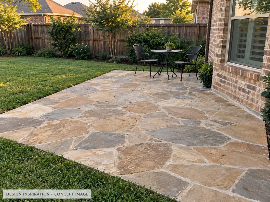 A natural flagstone patio beside a brick home and small outdoor table