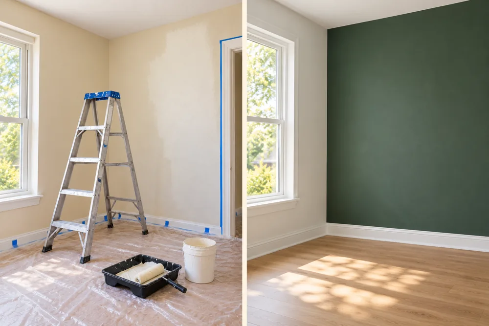 Interior wall preparation alongside a finished accent wall